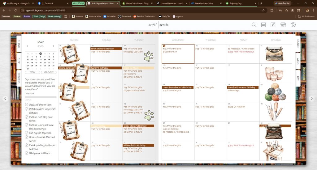Screenshot of a digital planner showing a month view including stickers and calendar events.