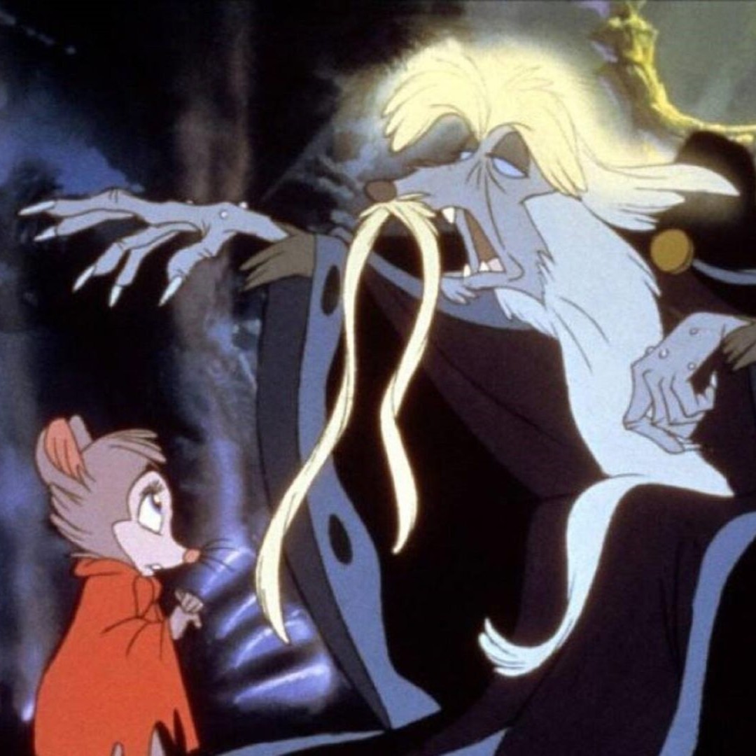 Nicodemus the Rat King with his hand over Mrs. Frisby as he tells her the secrets of N.I.M.H.